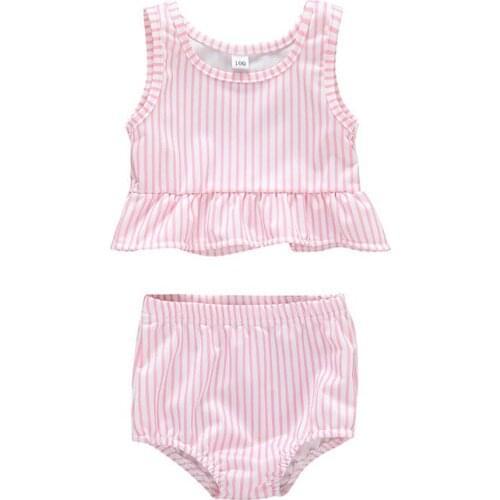 2PCS Solid Cotton Girls Split Swimsuit Sleeveless Bikini Striped Ruffle Summer Girls Set Tops Shorts Sandy Beach Seaside