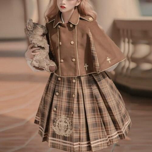 Original Design Gothic Lolita Op Dress Cape Sets Royal Detective Long Sleeve Patchwork Plaid Dress Girl Student Sweet Dress Suit