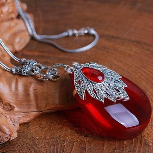 7.2cm Princess 925 Sterling Silver Necklace girls Natural semi-precious stones red Garnet Pendant large maple leaf with chain