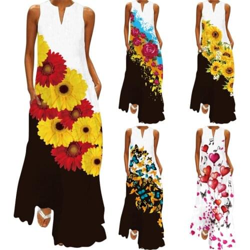 Plus Size Summer Women Casual Loose Retro V-Neck Print Dress 2021 Beach Holiday Maxi Dress Sexy Floral Bohemian Dress For Female