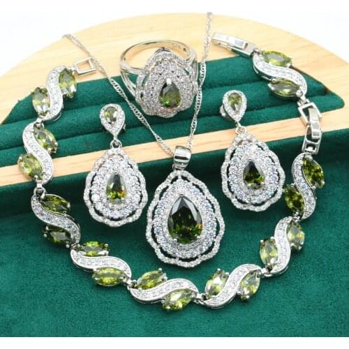 Luxurious Wedding Silver Color Jewelry Set for Women Olive Green Zircon Bracelet Earrings Necklace Pendant Ring Christmas Gift