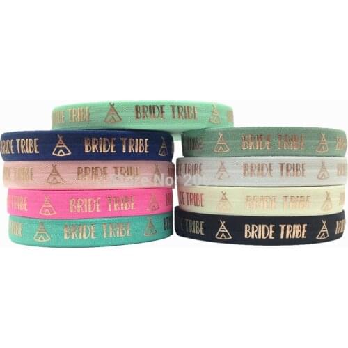 Rose Gold Foil Bride Tribe Fold Over Elastic 5/8" Teepee FOE Ribbon for Wedding Hair Tie Hair Accessories Bracelet 10Yards/lot