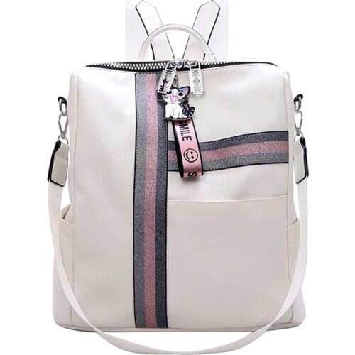 Womens Daypacks Striped Casual Backpacks High Quality Leather Backpack Fashion Cute Pendant Girls Black School Bag