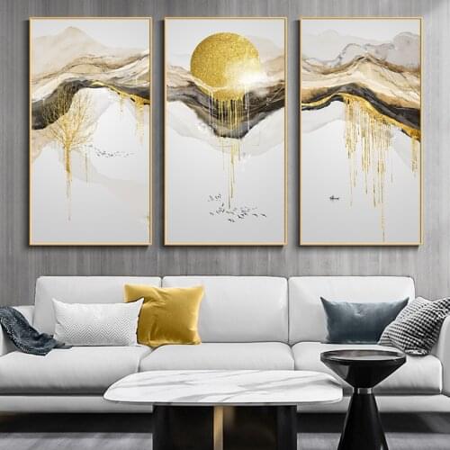 Nordic Abstract Golden Sun Canvas Painting Flowing Paint Posters and Prints Living Room Wall Art Pictures Home Decor Tableaux