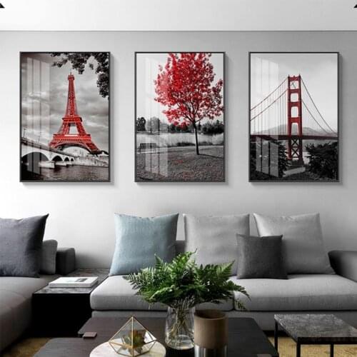 Modern City Red Building posters Paris Tower Golden Gate Bridge Canvas Painting Abstract Town Wall Art Picture Home Decor Art
