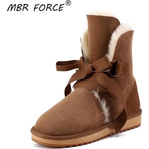 MBR FORCE Sheepskin Suede Leather Fashion Girls Lace-up Mid-calf Winter Warm Shoes Women Ladies Wool Fur Lined Snow Boots Girls