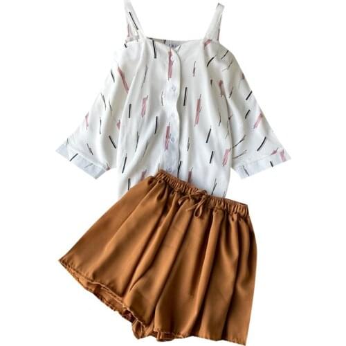 Fashion womens two piece set Fresh striped off-the-shoulder loose One Word Collar blosue top + elastic waist shorts skirt suit