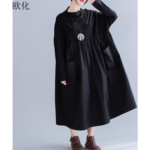 2019 New Autumn Winter Fashion Women Dress Long Sleeve Round Neck Black Loose Pleated Long Dress Vintage Cotton Loose Dresses
