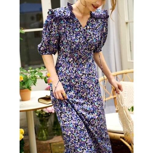 Floral Print Women V-Neck Lace-up Midi Dress 2021 Spring Summer Slim High Waist Puff Sleeve Long Dresses Holiday