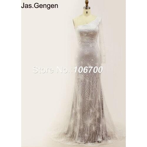 New Off Shoulder Mermaid vestidos de fiesta Prom Dresses One Long Sleeve Flower Pattern Glitter Fabric Evening Gowns 939a