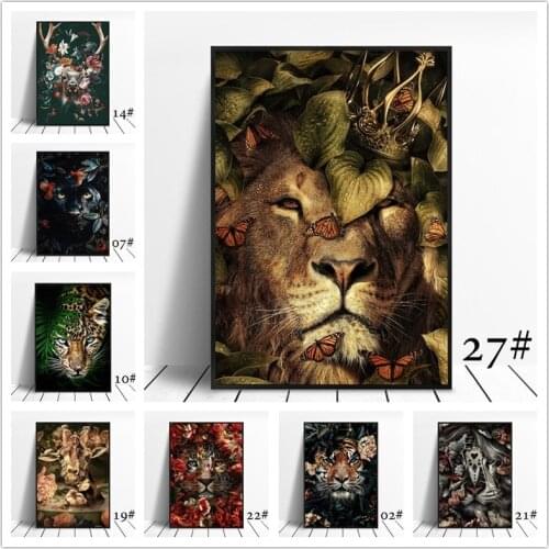 Animal in flowers Canvas Painting wall art Lion poster Tiger Elephant Elk Orangutan picture Modern Classical Decorative Painting