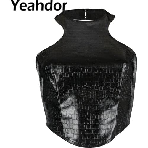 2021 Summer Women PU Leather Short Tank Tops Crocodile Print Halter Camisole Party Club Backless Zipper Vest Irregular Crop Top