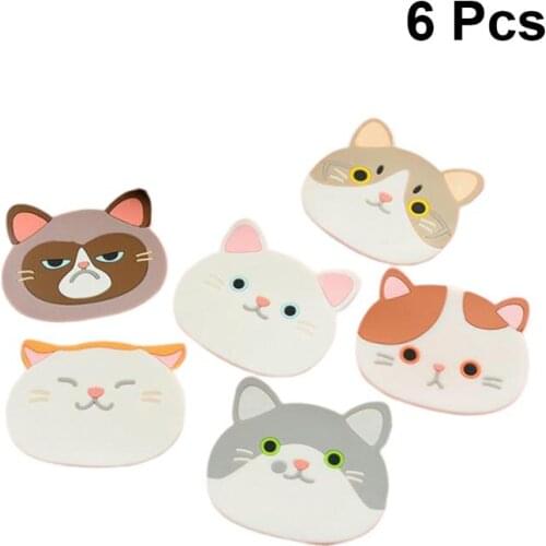 6 Pcs 11x8.5cm Creative Cartoon Cat Shaped Silicone Coasters Non-slip Heat Resistant Cup Holder Cup Mat for Home Kitchen Decor