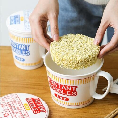 INSstyle Instant Noodle Ceramic Cup Bowl With Cover Bento Box Student Lunch Box Instant Noodle Bowl Micro-wave Oven Soup Bowl