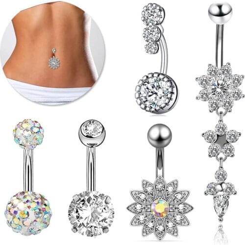 1PCS Sexy Dangle Belly Bars Belly Button Rings Surgical Steel Rhinestone Flower Body Jewelry Navel Piercing Ring Fashion Jewelry