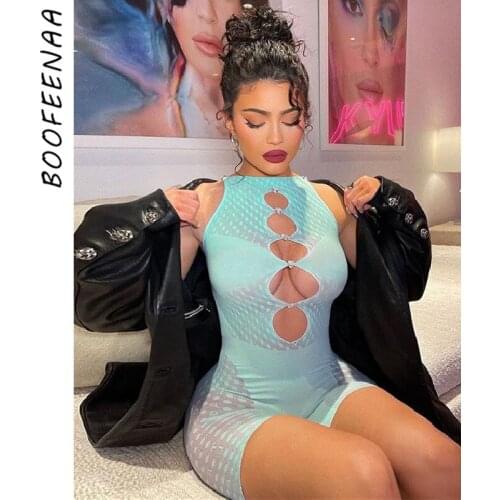 BOOFEENAA Hollow Out Sheer Mesh Bodycon Jumpsuit Playsuit Sexy Club Outfits for Womens Rompers New Arrival 2021 C15-CF13
