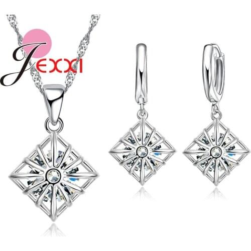 Geometric Design Elegant Party Jewelry Set For Ladies Cubic Zircon Crystal 925 Sterling Silver Necklaces Earrings Sets