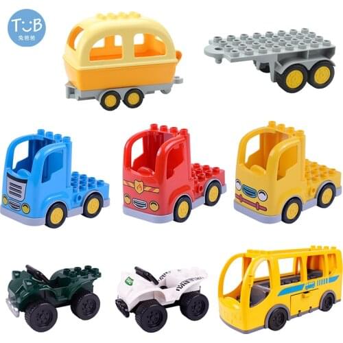 Duplos Blocks Cartoon Car Offroad Truck Bread Trailer Bus Model Accessories Big Size Bricks Duplo Children Educational Toys
