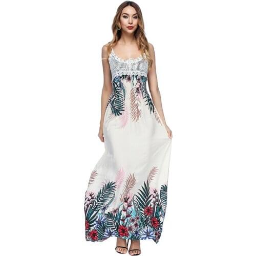 Summer Beach Style Long Dresses Bohemian Round Neck Fit and Flare Floral Pattern High Waist Hollow Out Backless Lady Strap Dress