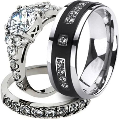 Milangirl 2 PCS/Set Women Jewelry Rings Zircon Ring With Black And Men Ring Valentines s