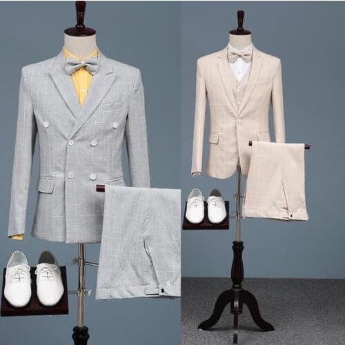 Lattice blazer men formal dress latest coat pant designs suit men terno masculino double breasted wedding suits for mens grey