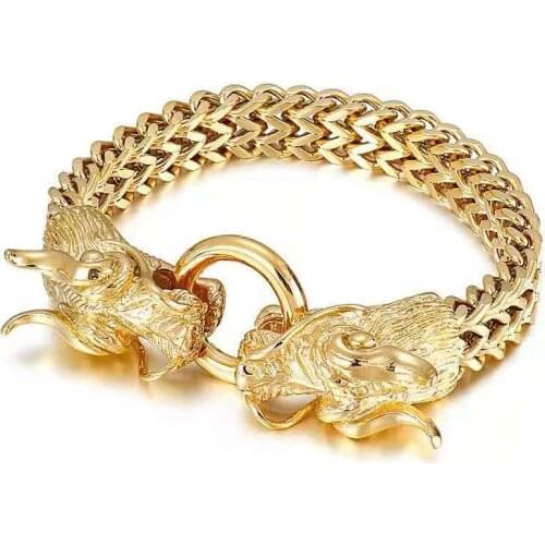 Punk Rock Mens Gold Double Dragon Head Bracelet Friendship Biker Mesh Bracelets For Man Hiphop Stainless Steel Male Jewelry