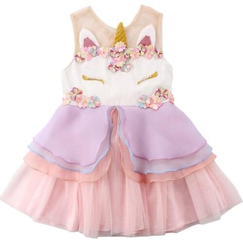 New Fashion Chiffon Unicorn Kids Girls Dress Bridesmaid Formal Tutu Patchwork Sleeveless Dress Pageant Party