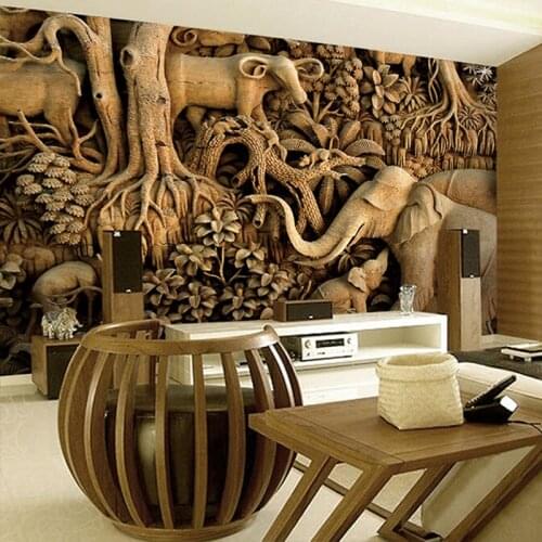 Large Wood carving Elephant Wallpaper 8D Papel Mural for Living Room Background 3d Wall Photo Murals Wall paper 3d Sticker