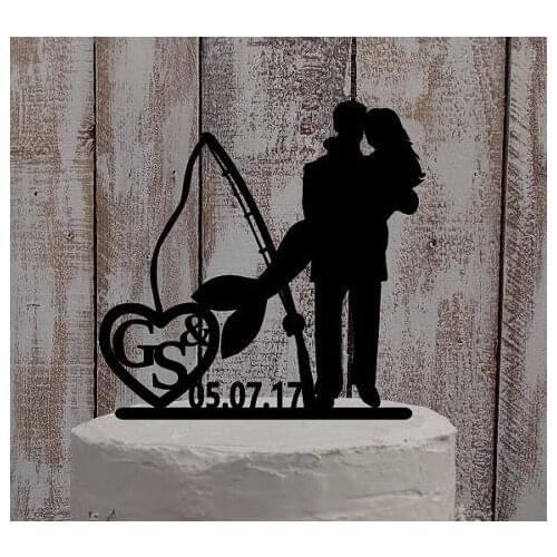 Personalized mermaid and fisherman wedding engagement Acrylic cake toppers bridal shower Bachelor party decorations