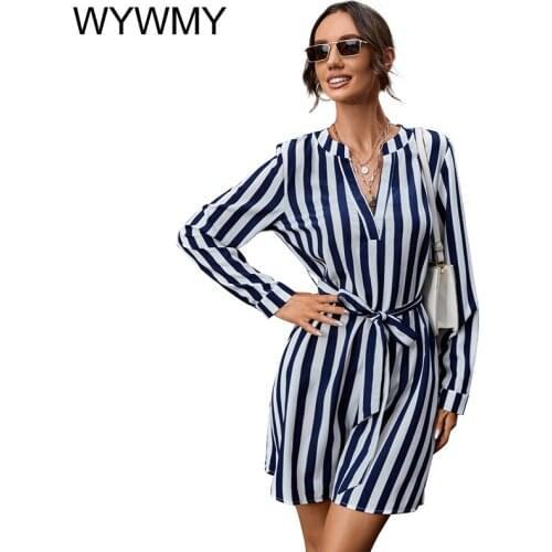 WYWMY Womens Dresses Autumn Spring Striped V-neck Pullover Long-sleeved Shirt Dress Office Lady Knee-Length Sashes A-LINE Dress