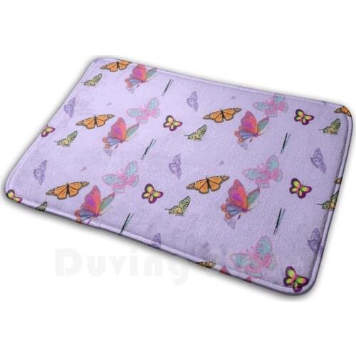 Multicoloured Butterflies Mat Rug Carpet Anti-Slip Floor Mats Bedroom Multicoloured Butterflies Pastel Pattern Cute Puprle