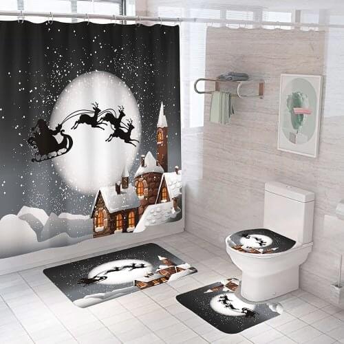 Christmas Shower Curtains for Bathroom Decoration Santa Claus Elk Anti-slip Mat Set Toilet Seat Cover Bath Curtain with 12 Hooks
