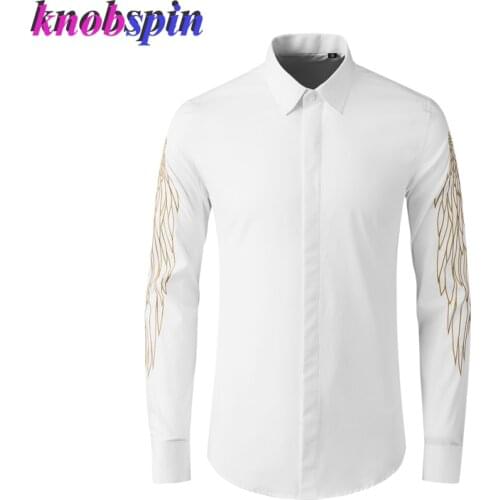 Gold Line Wing Embroidery Shirt men Long sleeve Slim Chemise homme Brand quality Business male Cotton shirts Plus size M-4XL