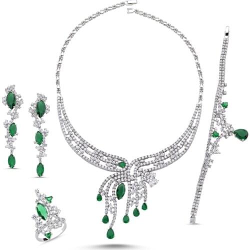 Silverlina Silver Emerald Zircon Stone Necklace, Bracelet, Ring and Earrings Set