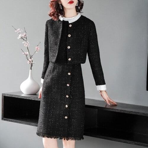 Tweed Dress Suits Women Fall Winter Wool Blazer Jacket Elegant Single Breasted Coat Midi Dress 2 Piece Set Office Lady Outfits
