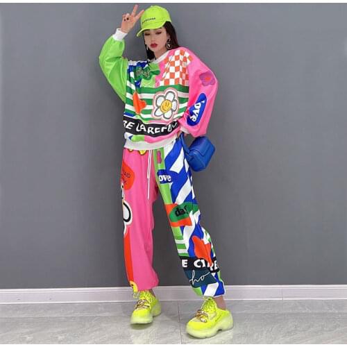 Spring and Autumn Black Diamond Cartoon Bear Tracksuit Women Knitting Two Piece Sets,Sweatshirt and Pants