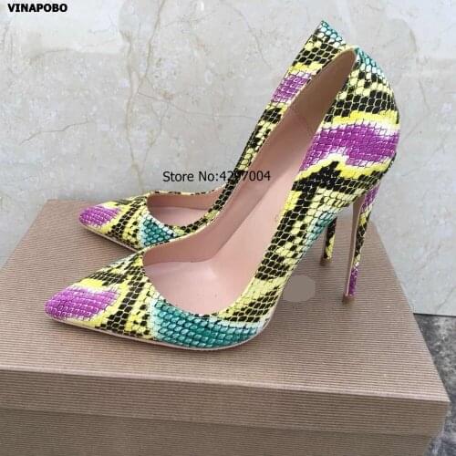 Vinapobo woman sexy pumps yellow snake print Pointed Toe thin high heel shoes 2019 fashion women shoes pumps Party wedding shoes
