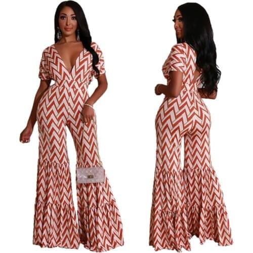 Womens Printed One-Piece Flared Pants Summer Short-sleeved Sexy Lace-up Jumpsuit Plus Size Elegant Plus Size Womens Clothing