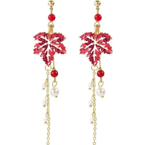 POTCET Korea 2021 Fashion Trend Womens Long Pearl Maple Leaf Tassel Pendant Earrings Retro Simple Earrings 2021 Trend Jewelry