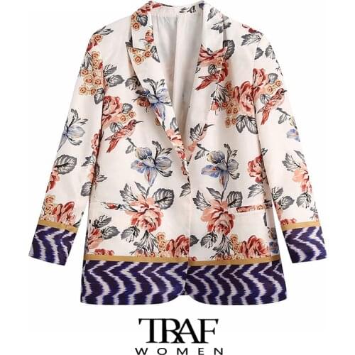 TRAF Za Women Fashion Floral Print Open Blazer Coat Vintage Long Sleeve Welt Pockets Female Outerwear Chic Veste