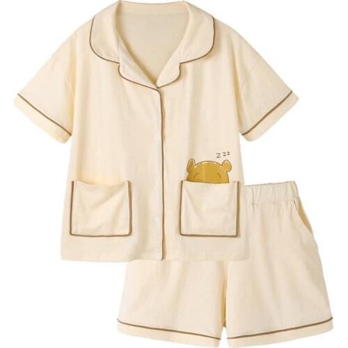 QWEEK Cotton Cute Pajamas Summer Sets for Women 2021 Pyjamas Sleeping Bear Printing Lounge Wear Soft and Comfortable Pijamas