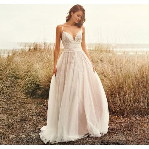 #10125 Spaghetti straps V-Neck Bohemian Backless Lace destination A-Line Bridal Gown Simple plus size Mermaid Wedding Dress