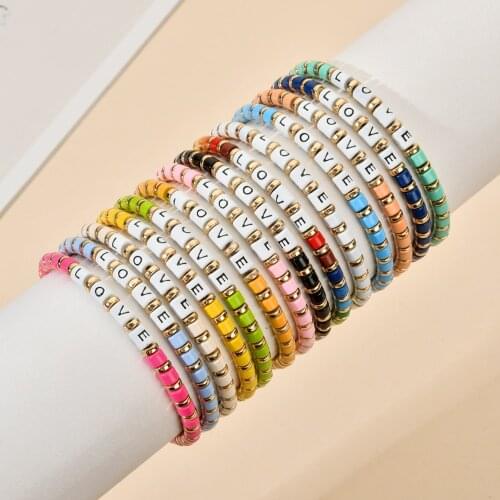 ZMZY New Boho Multicolor Love Enamel Letter Bracelet Handmade Bohemian Elastic Friendship Bracelets Bead Jewelry