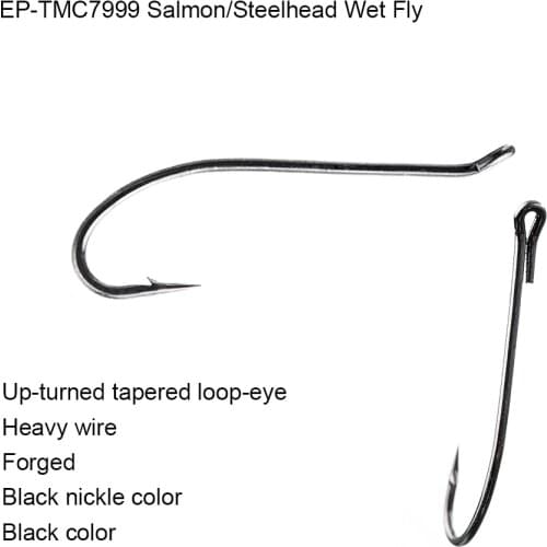 100pcs Eupheng EP-TMC7999 Salmon Steelhead Wet Fly Fishing Hook Black Nickle Up-turned Tapered Loop Eye