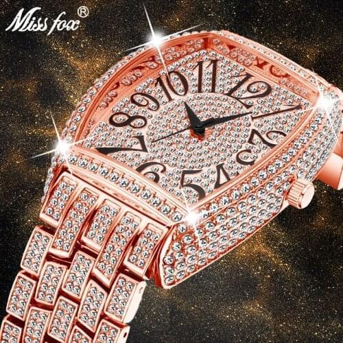 MISSFOX Rose Gold Luxury Mens Watch Tonneau Oversized Waterproof Man Watch Icd Out Diamond Male Chronograph Wrist Watch Hours