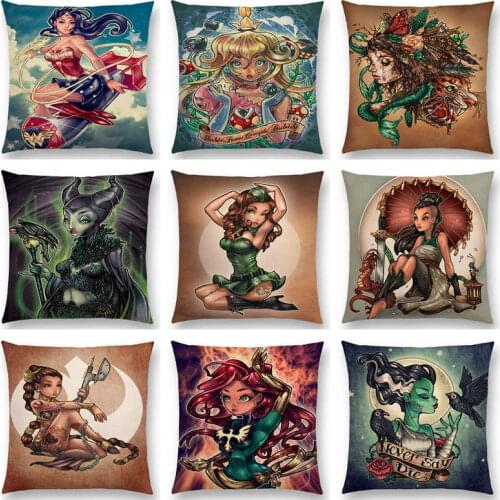 Movie Cartoon Beautiful Heroine Lovely Girls Wonder Lady Beauty Woman Warrior Colourful Cushion Cover Sofa Throw Pillow Case
