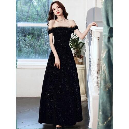 Black Sequin Tube Top Banquet Evening Dress One Shoulder Elegant Sexy Starry Sky Long Princess Birthday Party Evening Dress A113
