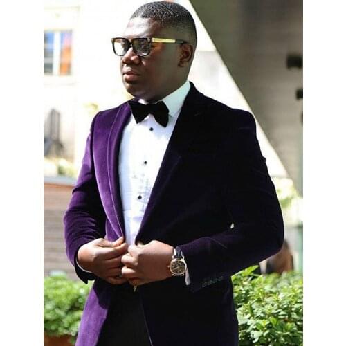 Purple Velvet Groom Tuxedos Mens Party Dress Prom Business Suits Slim Fits Coat Trousers Sets(Jacket + Pants+ Bow Tie) W:209