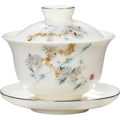 Pine Cypress White Gaiwan Hand Make Ceramic Tea Tureen Creative White Porcelain Tea Bowl Cup with Lid Cover Saucer Kit Teacup