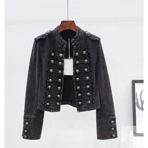 Korean Vintage Stand Collar Black Denim Jackets Women Double-breasted Slim Short Jeans Jacket Coat Female Outerwear Streetwear